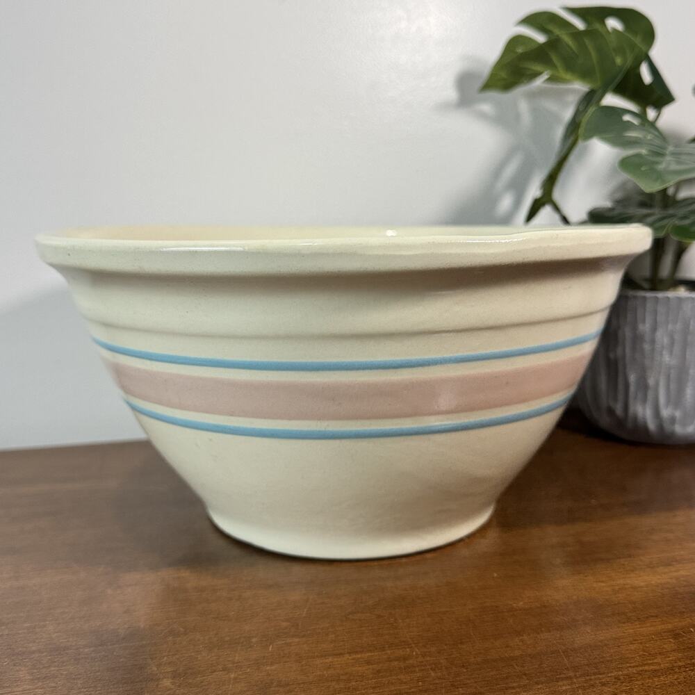 Vintage McCoy USA Mixing Bowl Cream with Pink Blue Stripes #10 Farmhouse